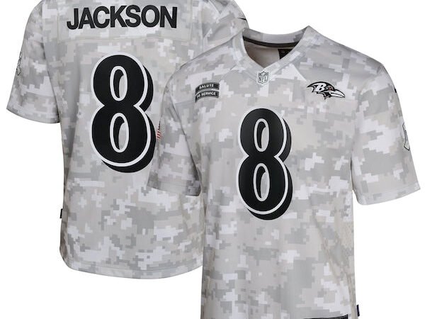 Lamar Jackson Baltimore Ravens Nike Youth 2024 Salute to Service Game Jersey - Arctic Camo