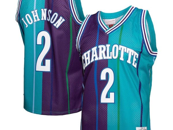 Larry Johnson Charlotte Hornets Hardwood Classics Split Swingman Jersey - Teal/Purple
