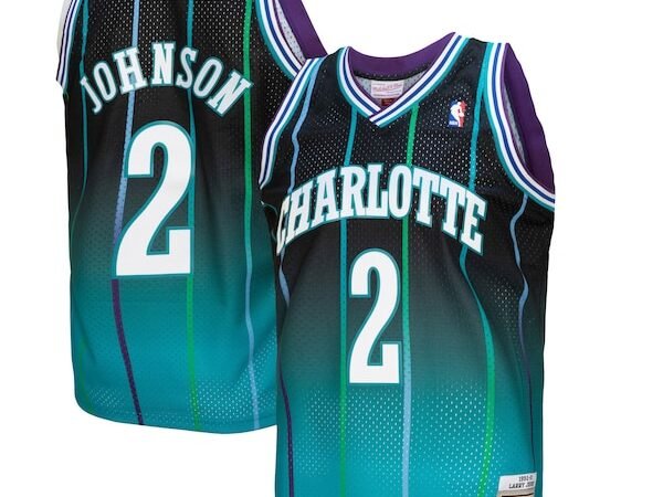 Larry Johnson Charlotte Hornets 1992/93 Hardwood Classics Fadeaway Swingman Player Jersey - Teal/Black