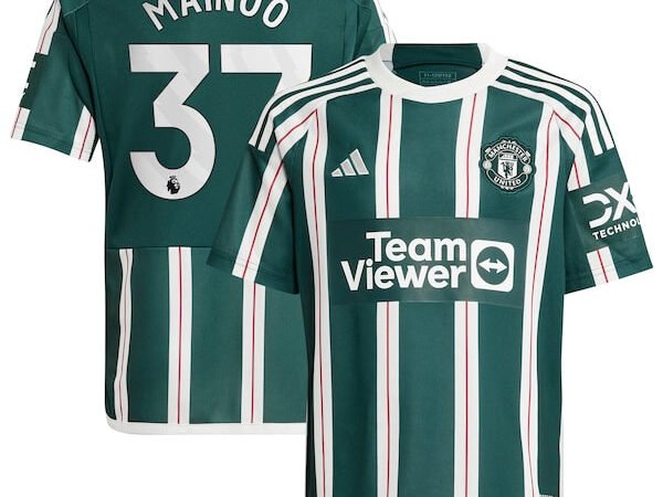 Kobbie Mainoo Manchester United adidas Youth 2023/24 Away Replica Player Jersey - Green/White