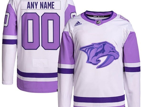 Nashville Predators adidas Hockey Fights Cancer Primegreen Authentic Custom Jersey - White/Purple