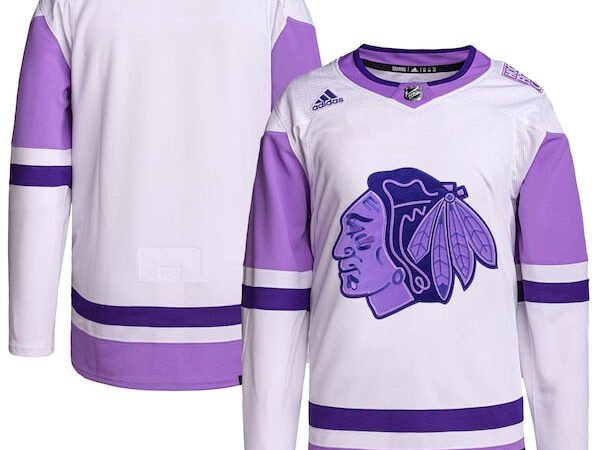 Chicago Blackhawks adidas Hockey Fights Cancer Primegreen Authentic Blank Practice Jersey - White/Purple