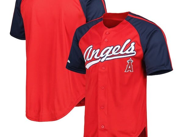 Los Angeles Angels Stitches Button-Down Raglan Replica Jersey - Red