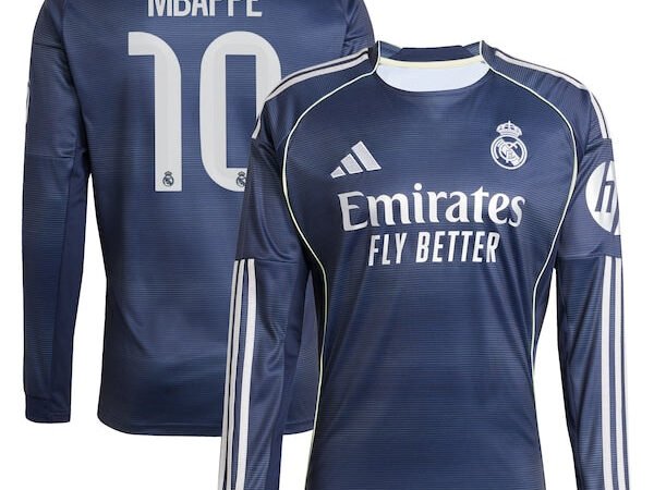 Kylian Mbappé Los Merengues adidas 2025/26 Away Replica Long Sleeve Player Jersey - Blue/White
