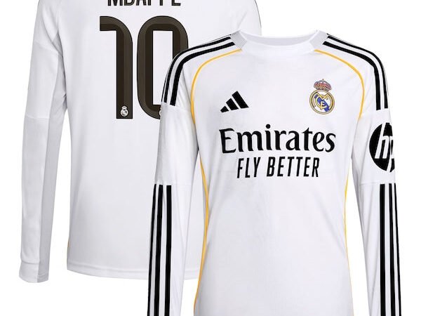 Kylian Mbappé Los Merengues adidas Youth 2025/26 Home Replica Long Sleeve Player Jersey - White