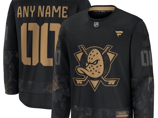 Anaheim Ducks 2024 Military Appreciation Personalized Long Sleeve Practice Jersey - Black