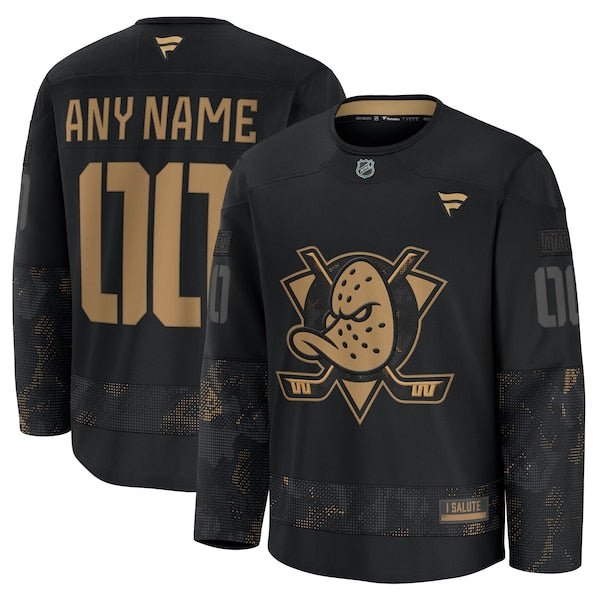 Anaheim Ducks 2024 Military Appreciation Personalized Long Sleeve Practice Jersey - Black