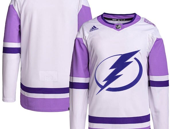 Tampa Bay Lightning adidas Hockey Fights Cancer Primegreen Authentic Blank Practice Jersey - White/Purple