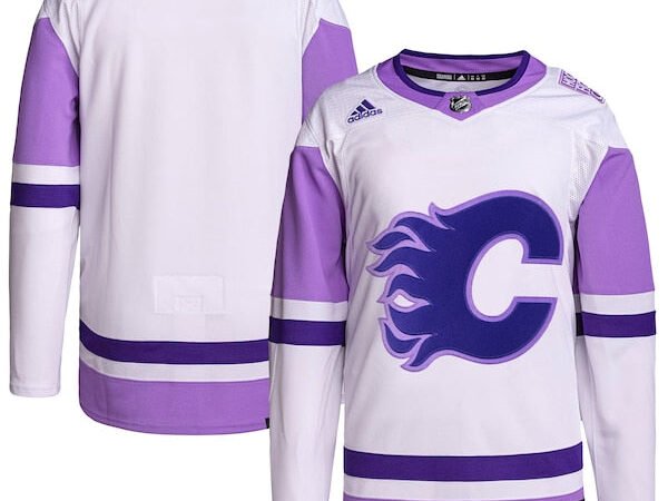 Calgary Flames adidas Hockey Fights Cancer Primegreen Authentic Blank Practice Jersey - White/Purple