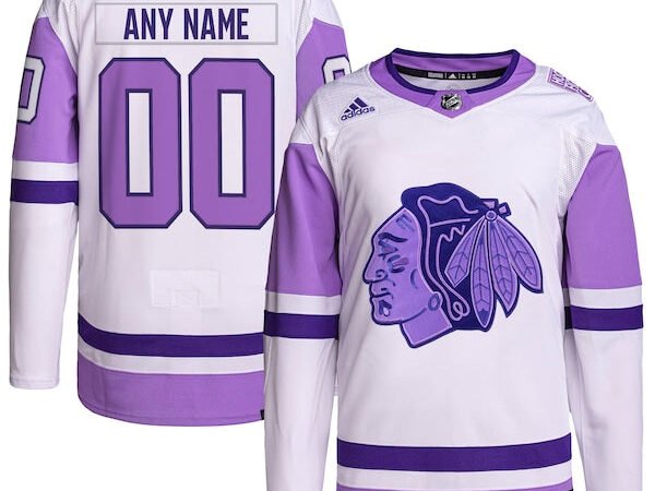 Chicago Blackhawks adidas Hockey Fights Cancer Primegreen Authentic Custom Jersey - White/Purple