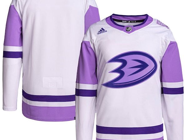 Anaheim Ducks adidas Hockey Fights Cancer Primegreen Authentic Blank Practice Jersey - White/Purple