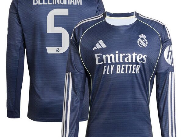 Jude Bellingham Los Merengues 2025/26 Away Long Sleeve Replica Jersey - Blue/White
