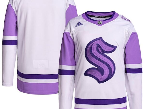 Seattle Kraken adidas Hockey Fights Cancer Primegreen Authentic Blank Practice Jersey - White/Purple