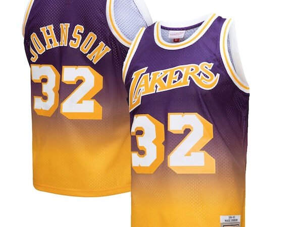 Magic Johnson Los Angeles Lakers 1984/85 Hardwood Classics Fadeaway Swingman Player Jersey - Gold/Purple