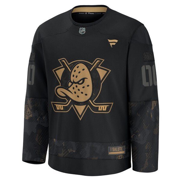 Anaheim Ducks 2024 Military Appreciation Personalized Long Sleeve Practice Jersey - Black