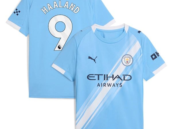 Erling Haaland Manchester City Puma Youth 2025/26 Home Replica Player Jersey - Sky Blue/Black