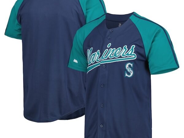 Seattle Mariners Stitches Button-Down Raglan Fashion Jersey - Navy