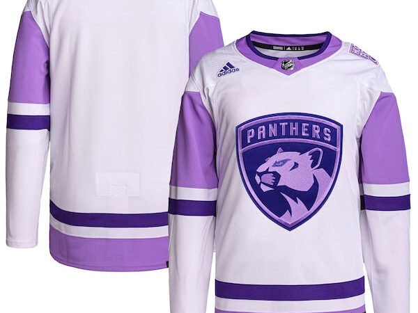 Florida Panthers adidas Hockey Fights Cancer Primegreen Authentic Blank Practice Jersey - White/Purple