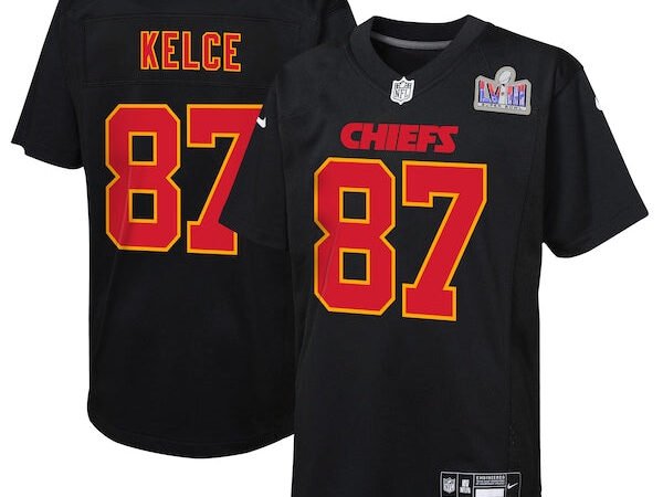 Travis Kelce Kansas City Chiefs Nike Youth Super Bowl LVIII Patch Carbon Fashion Game Jersey - Black