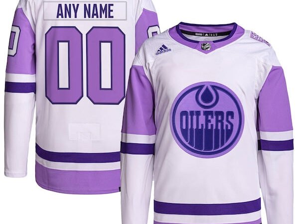 Edmonton Oilers adidas Hockey Fights Cancer Primegreen Authentic Custom Jersey - White/Purple