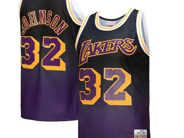 Magic Johnson Los Angeles Lakers 1984/85 Hardwood Classics Fadeaway Swingman Player Jersey - Purple/Black/Gold