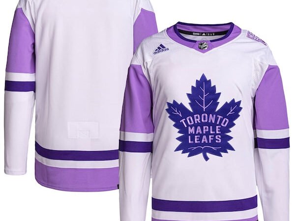 Toronto Maple Leafs adidas Hockey Fights Cancer Primegreen Authentic Blank Practice Jersey - White/Purple