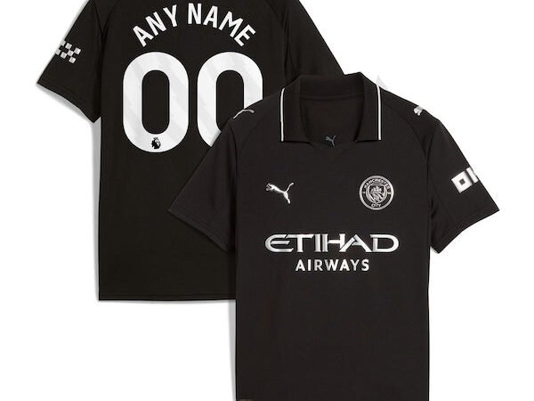 Manchester City Puma Youth 2025/26 Away Replica Custom Jersey - Black/Green/Light Blue