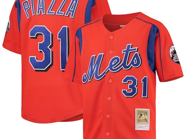 Mike Piazza New York Mets Youth Cooperstown Collection Mesh Batting Practice Jersey - Orange/Black
