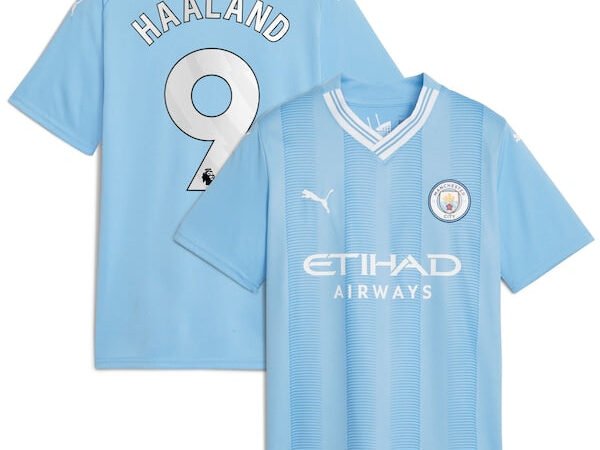 Erling Haaland Manchester City Puma Youth 2023/24 Home Replica Player Jersey - Sky Blue