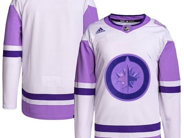 Winnipeg Jets adidas Hockey Fights Cancer Primegreen Authentic Blank Practice Jersey - White/Purple
