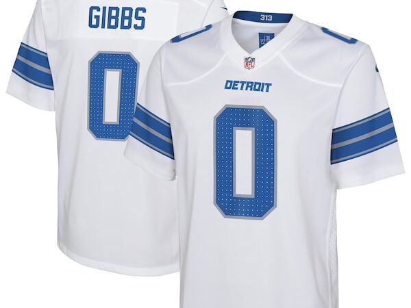 Jahmyr Gibbs Detroit Lions Nike Youth Game Jersey - White/Black/Blue