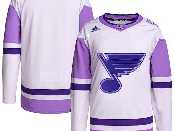 St. Louis Blues adidas Hockey Fights Cancer Primegreen Authentic Blank Practice Jersey - White/Purple